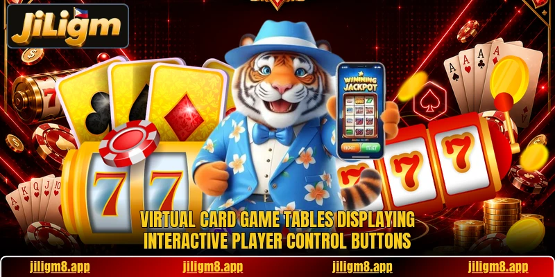 Virtual card game tables displaying interactive player control buttons